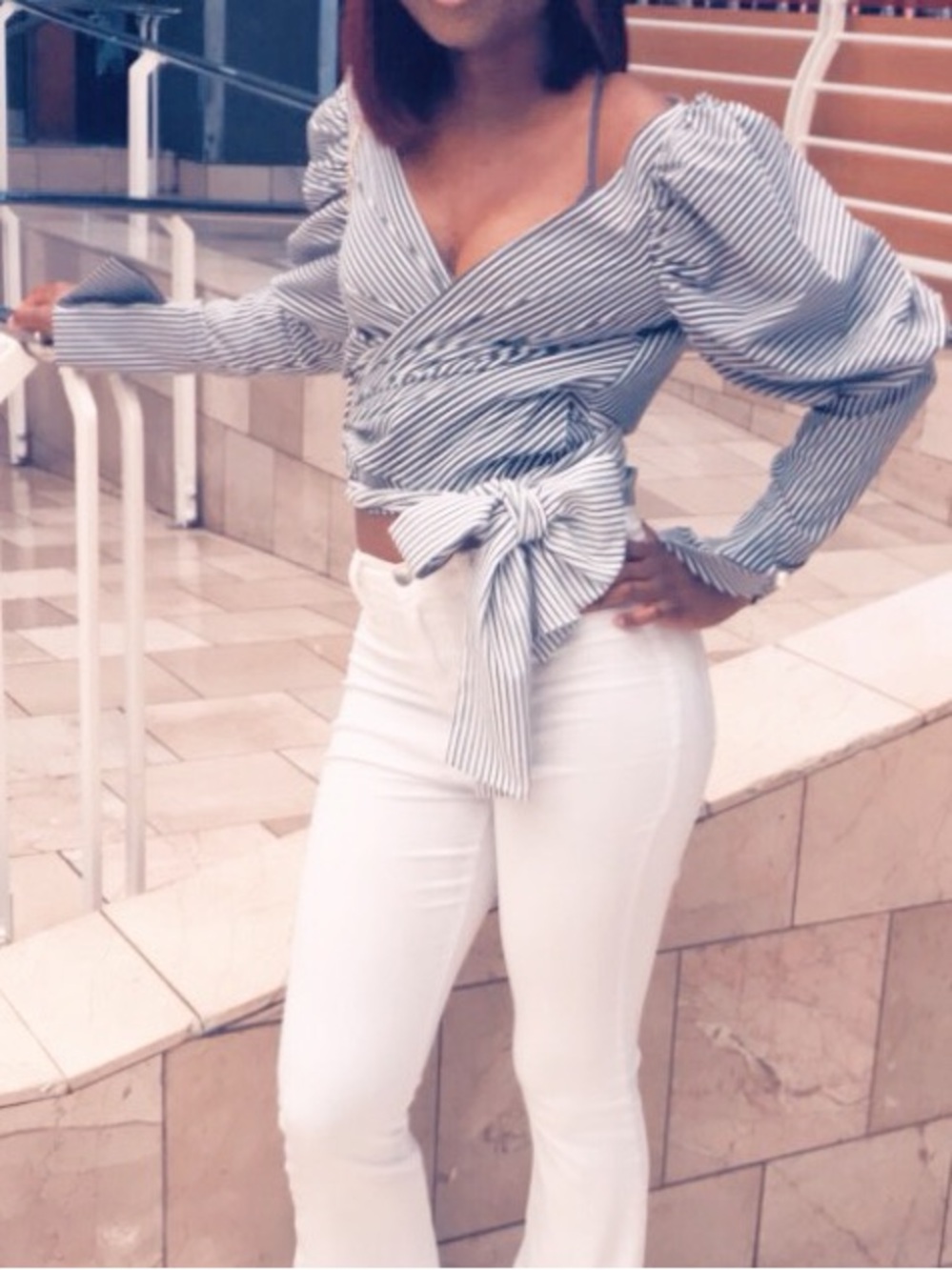 Fashion Nova Blue White Striped Puff-Sleeve Wrap Blouse
